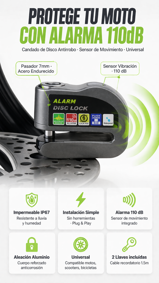 Candado de disco para motocicleta con alarma